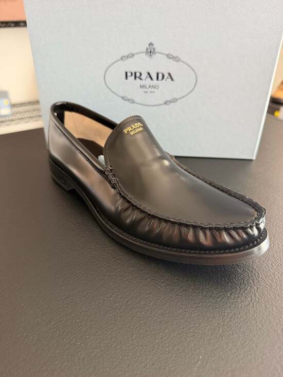 Prada Shoes - Prada Spazzolato Fumé Black Leather Loafers Size41 Gold Logo Retail $1,200